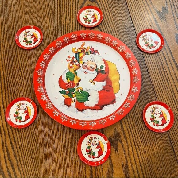 Vintage Santa Christmas Serving Tray & 6 Matching Coasters Made in HK 1980s - Picture 1 of 11